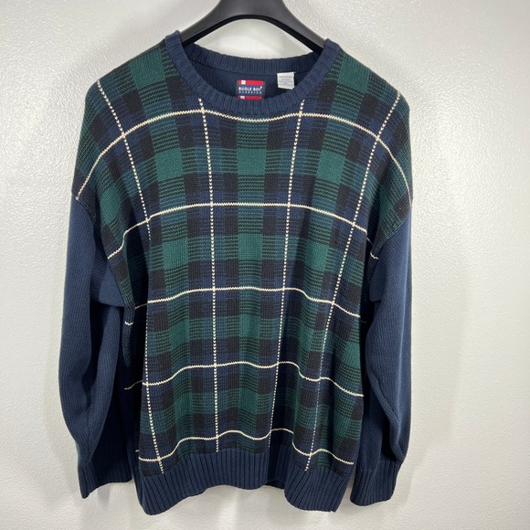 Bugle Boy Other - Vtg. Bugle Boy Classics Plaid Cotton Sweater XL Crew Neck Pullover Green Blue